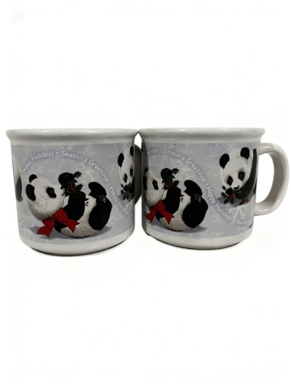 Holiday Panda Ceramic Mug Set - White & Black with Red Bow